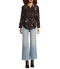 Karyn Seo Wrenley Crinkled Velvet Doodle Embroidered Point Collar Long Sleeve Button Front Shirt