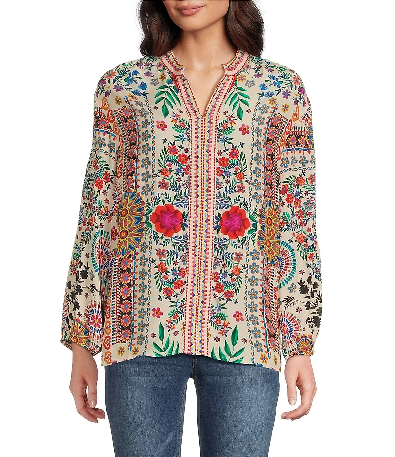 Karyn Seo Ziggy Floral Embroidered Notch V-Neck 3/4 Sleeve Blouse