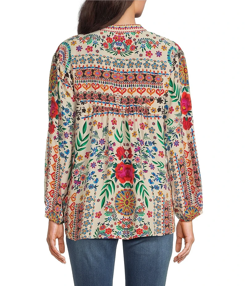 Karyn Seo Ziggy Floral Embroidered Notch V-Neck 3/4 Sleeve Blouse
