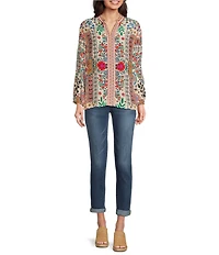 Karyn Seo Ziggy Floral Embroidered Notch V-Neck 3/4 Sleeve Blouse