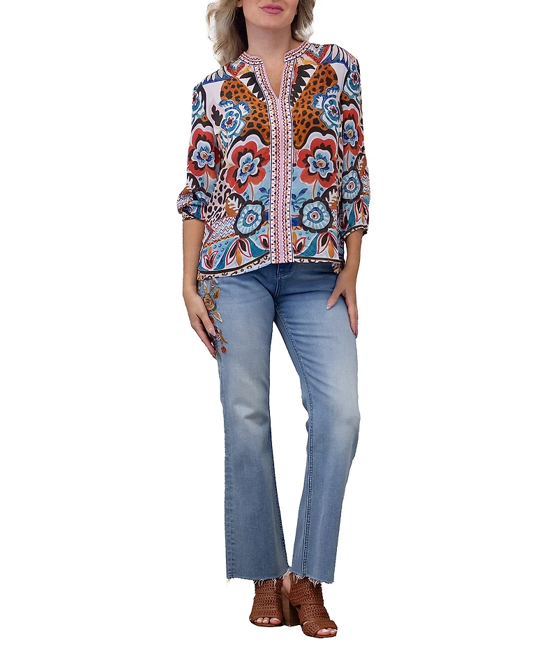 Karyn Seo Ziggy Floral Embroidered Notch V-Neck 3/4 Sleeve Blouse