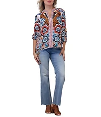 Karyn Seo Ziggy Floral Embroidered Notch V-Neck 3/4 Sleeve Blouse