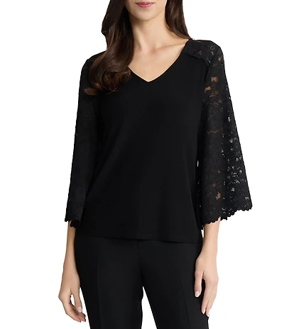 Kasper 3/4 Lace Bell Sleeve Knit Blouse