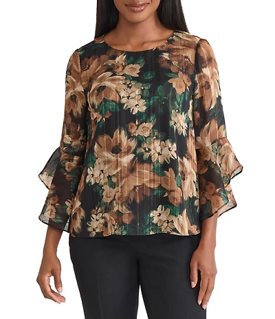 Kasper 3/4 Ruffle Sleeve Floral Print Blouse