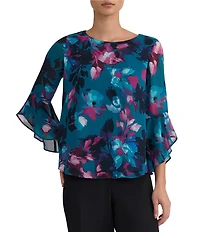 Kasper 3/4 Ruffle Sleeve Printed Blouse