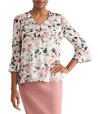 Kasper 3/4 Sleeve Ruffle Floral Print Blouse