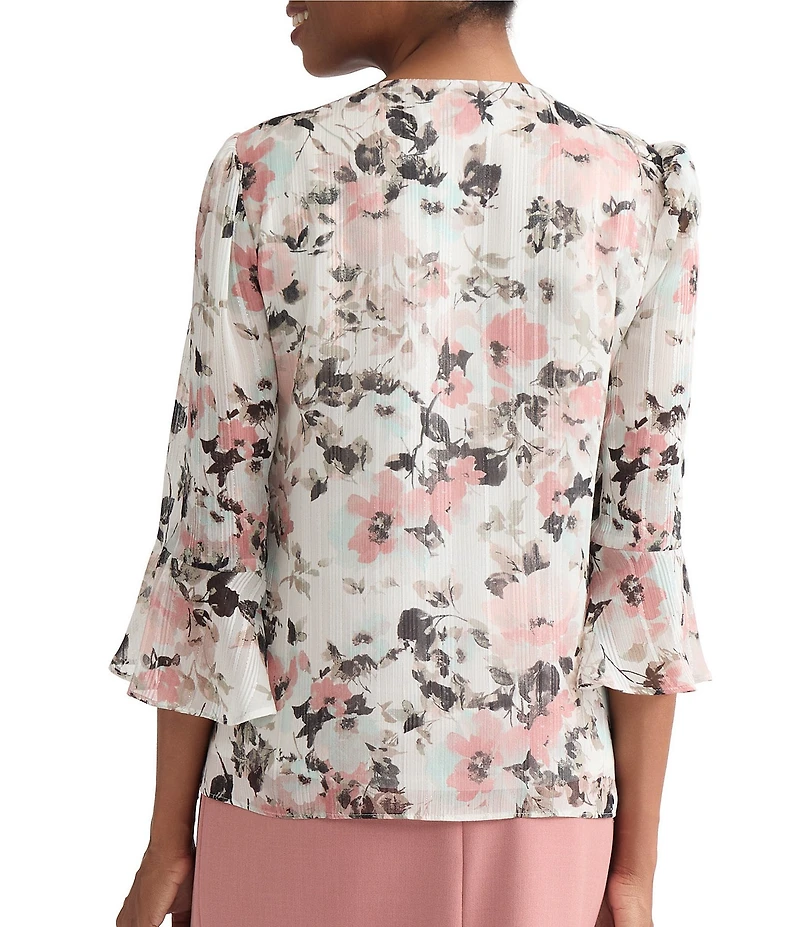 Kasper 3/4 Sleeve Ruffle Floral Print Blouse