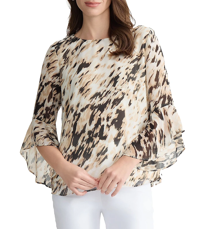 Kasper Animal Print Boat Neck 3/4 Ruffle Sleeve Blouse