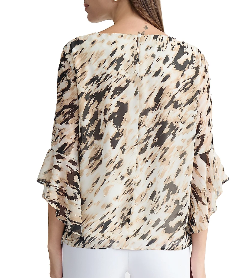 Kasper Animal Print Boat Neck 3/4 Ruffle Sleeve Blouse