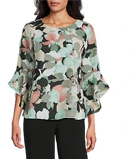 Kasper Boat Neck 3/4 Ruffle Sleeve Printed Chiffon Blouse