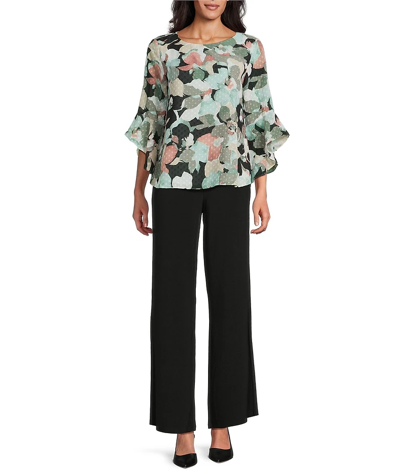Kasper Boat Neck 3/4 Ruffle Sleeve Printed Chiffon Blouse