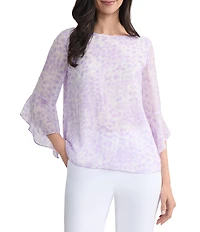 Kasper Boat Neck 3/4 Ruffle Sleeve Printed Chiffon Blouse