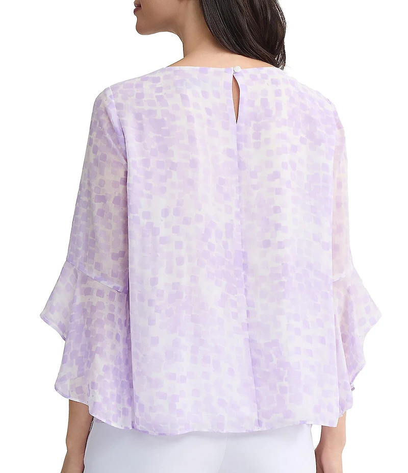 Kasper Boat Neck 3/4 Ruffle Sleeve Printed Chiffon Blouse
