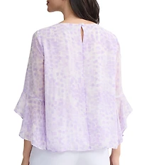 Kasper Boat Neck 3/4 Ruffle Sleeve Printed Chiffon Blouse