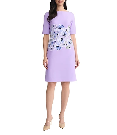 Kasper Boat Neck Elbow Sleeve Floral Placement Print Scuba Crepe Sheath Dress