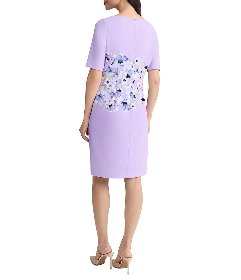 Kasper Boat Neck Elbow Sleeve Floral Placement Print Scuba Crepe Sheath Dress