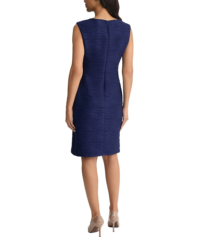 Kasper Boat Neck Extended Shoulder Sleeveless Pintuck Wave Knit Sheath Dress