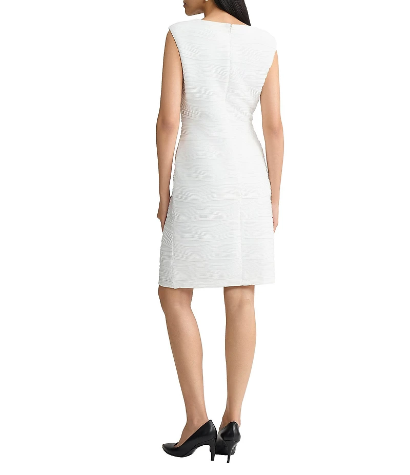 Kasper Boat Neck Extended Shoulder Sleeveless Pintuck Wave Knit Sheath Dress