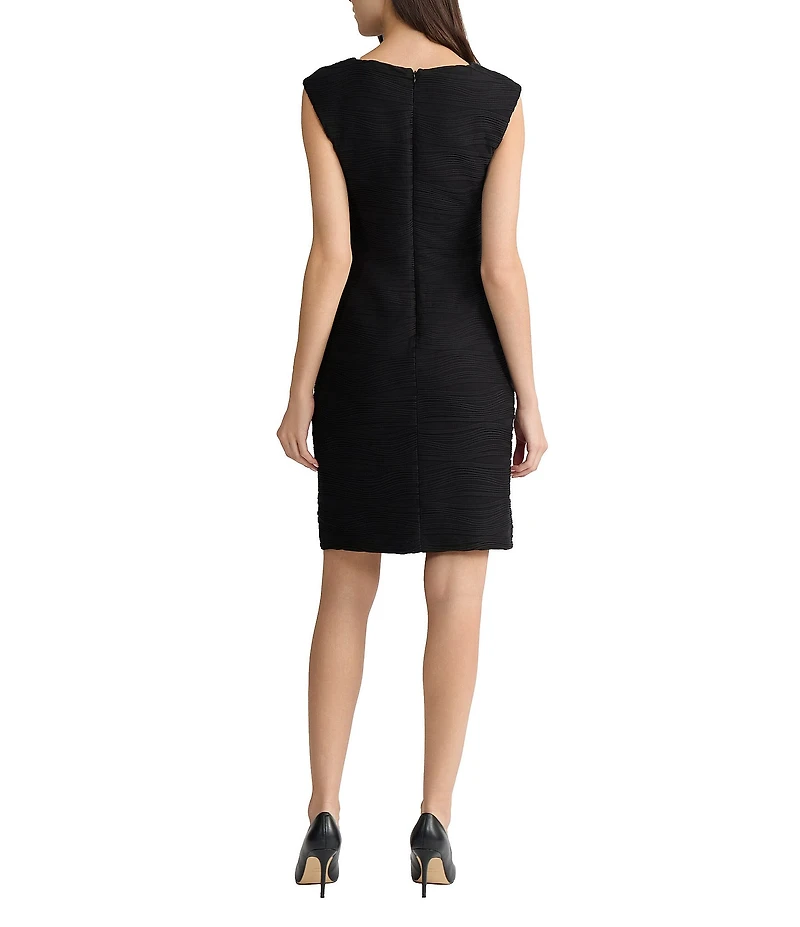 Kasper Boat Neck Extended Shoulder Sleeveless Pintuck Wave Knit Sheath Dress