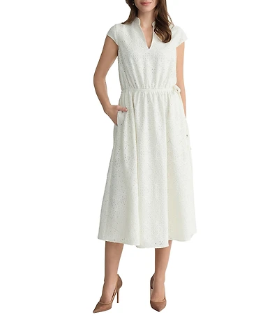 Kasper Cap Sleeve A Line Midi Dress With Pockets