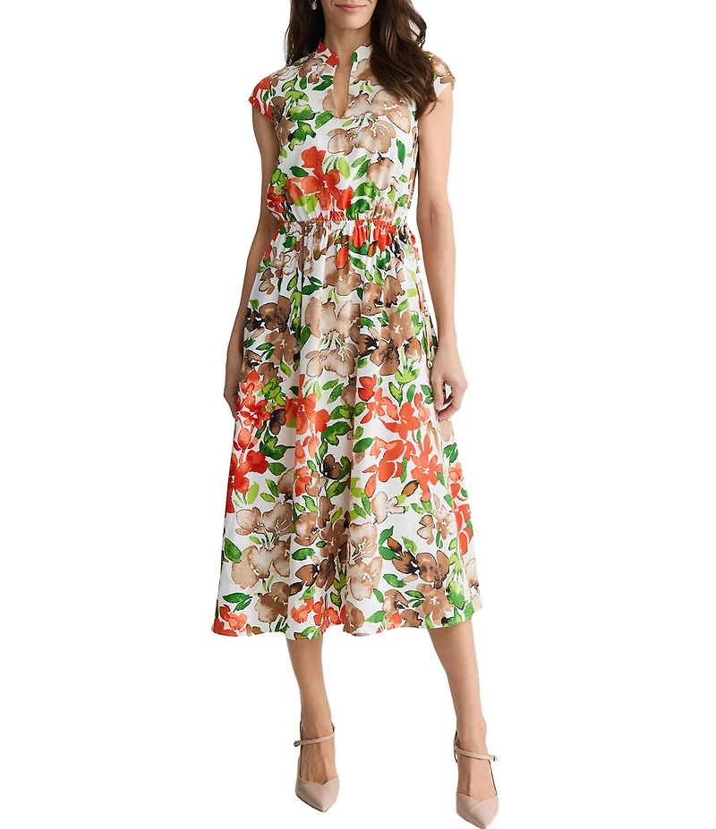 Kasper Cap Sleeve Floral Printed Flutter Cap Sleeve Midi Dress