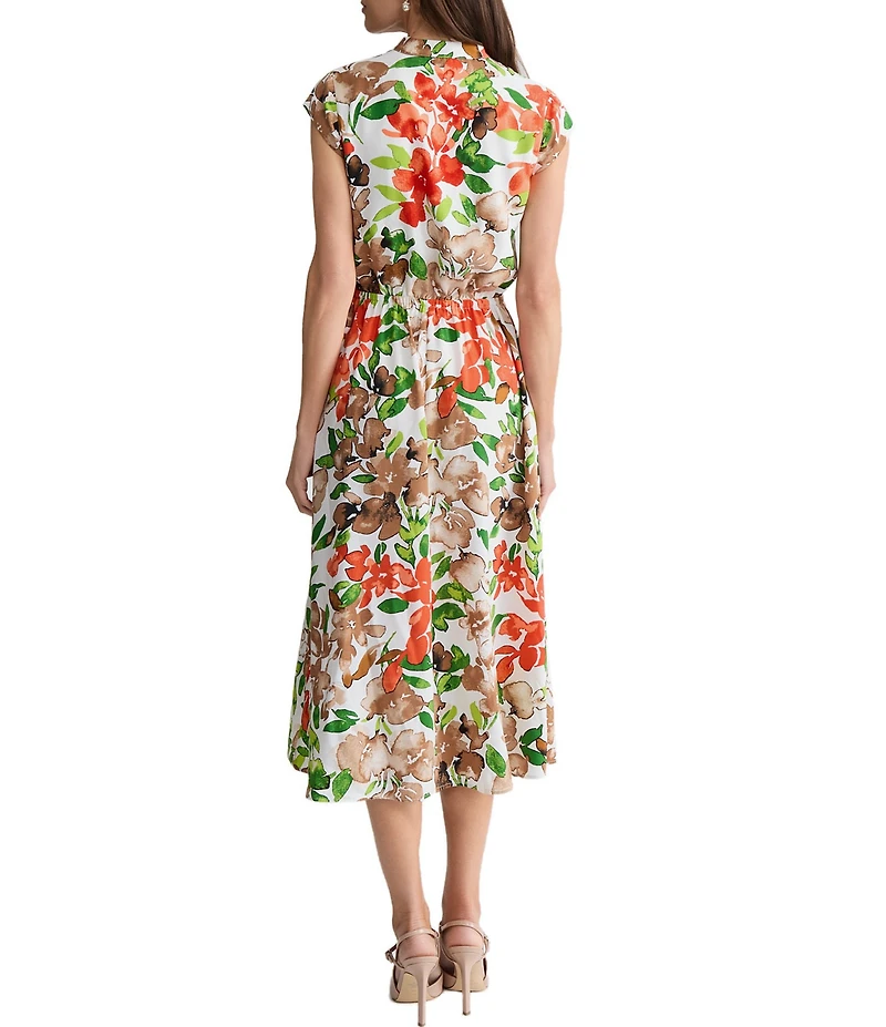 Kasper Cap Sleeve Floral Printed Flutter Cap Sleeve Midi Dress