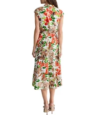 Kasper Cap Sleeve Floral Printed Flutter Cap Sleeve Midi Dress