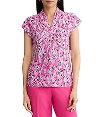 Kasper Cap Sleeve Funnel Neck Printed Blouse