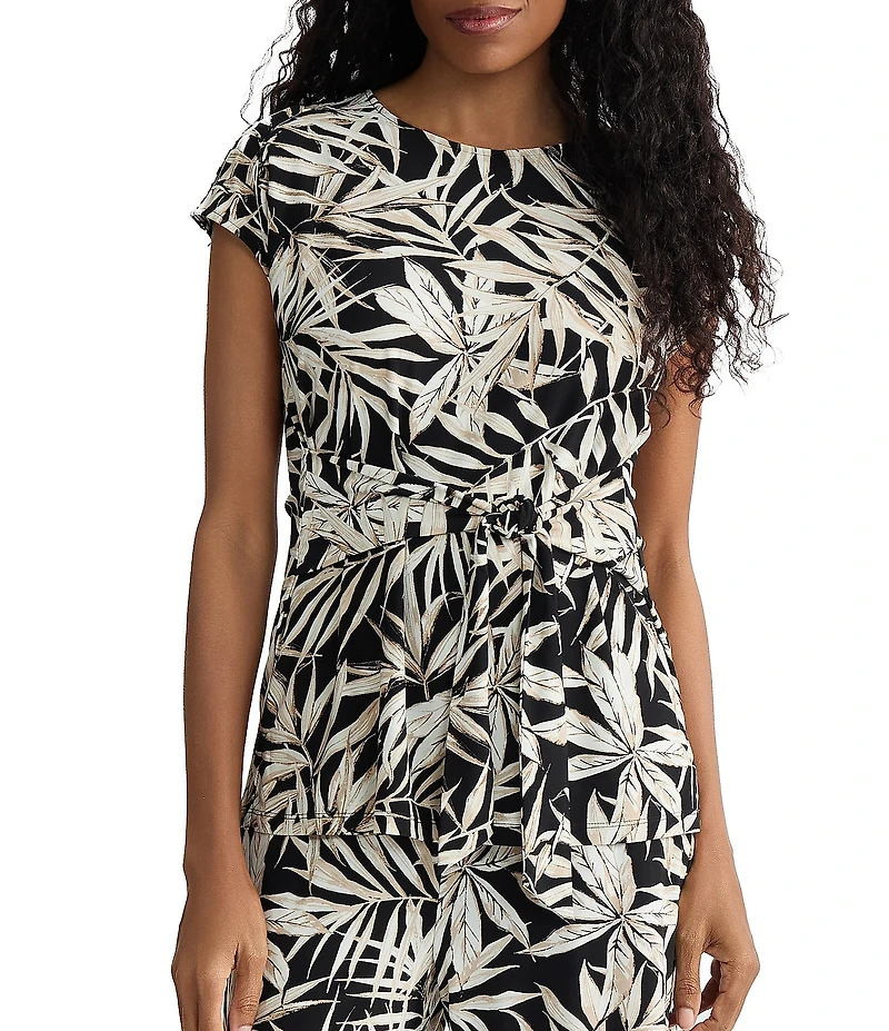 Kasper Cap Sleeve Tie Front Printed Jersey Knit Blouse