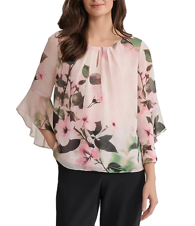 Kasper Chiffon Floral Print 3/4 Flutter Sleeve With Keyhole Neckline Blouse