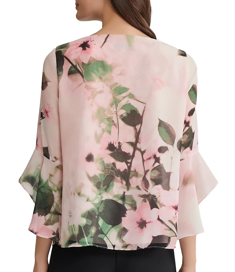 Kasper Chiffon Floral Print 3/4 Flutter Sleeve With Keyhole Neckline Blouse