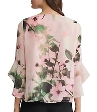 Kasper Chiffon Floral Print 3/4 Flutter Sleeve With Keyhole Neckline Blouse