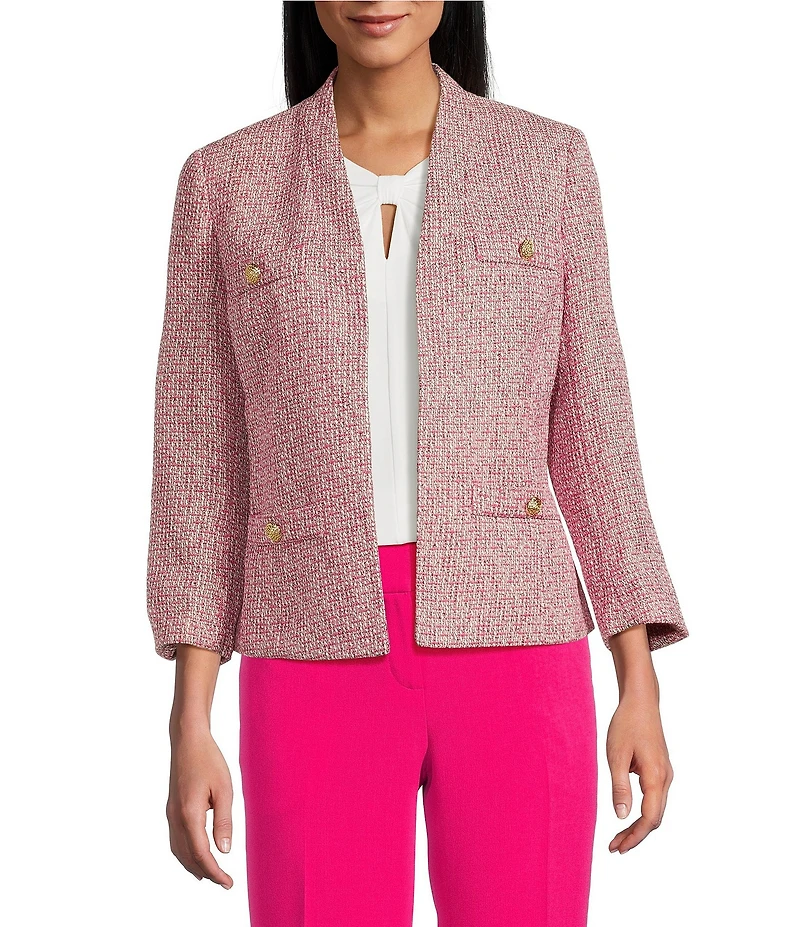 Kasper Collarless Long Sleeve Tweed Jacket