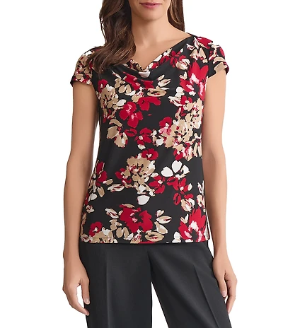 Kasper Cowl Neck Cap Sleeve Floral Print Knit Jersey Top