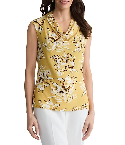 Kasper Cowl Neck Cap Sleeve Printed Blouse