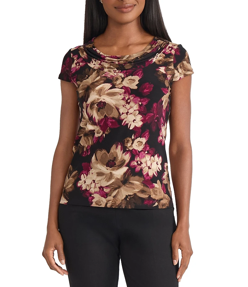Kasper Cowl Neck Floral Print Short Sleeve Blouse