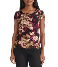 Kasper Cowl Neck Floral Print Short Sleeve Blouse