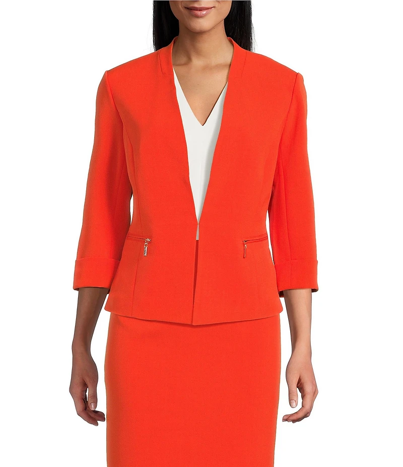 Kasper Crepe 3/4 Sleeve Zip Pocket Cardigan