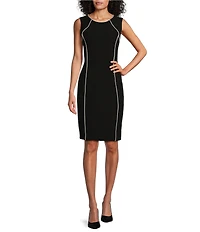 Kasper Crepe Contrast Piping Crew Neck Sleeveless Sheath Dress
