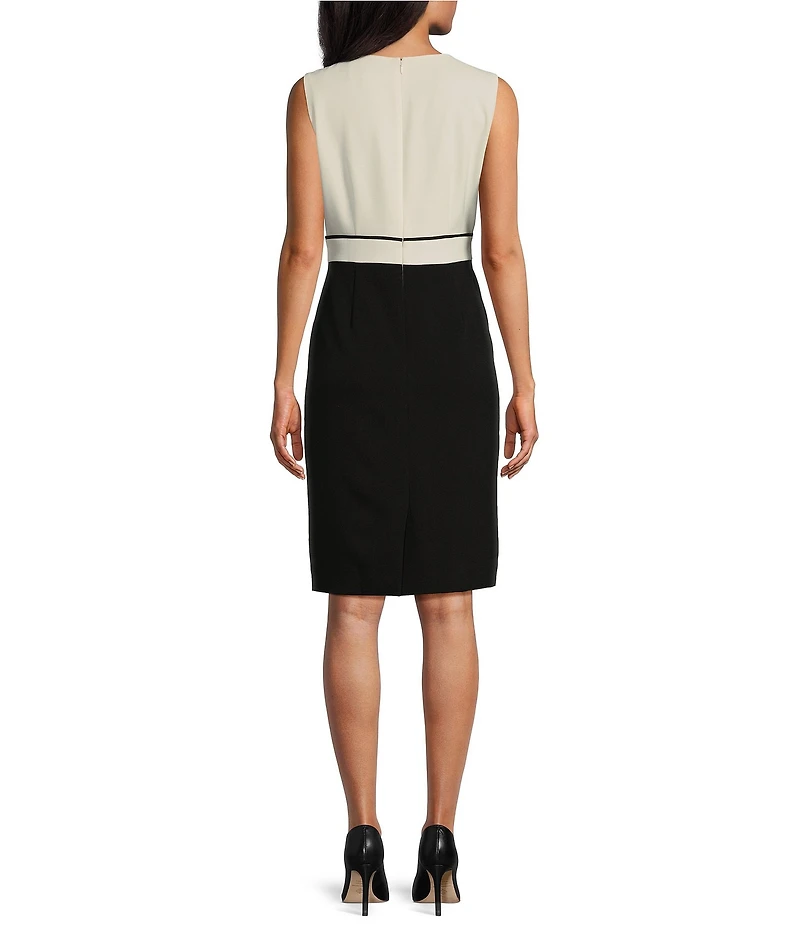 Kasper Crepe Round Neck Sleeveless Contrast Waistband Piping Sheath Dress