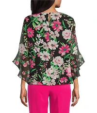 Kasper Crew Neck 3/4 Ruffle Sleeve Woven Floral Print Blouse