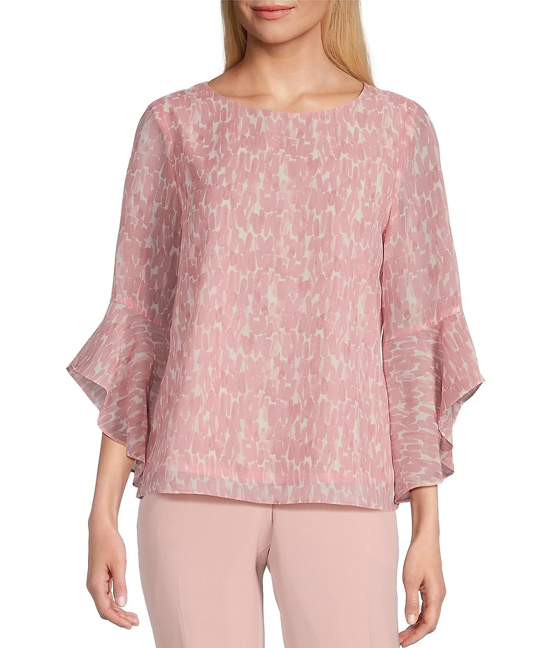 Kasper Crew Neck 3/4 Ruffle Sleeve Blouse