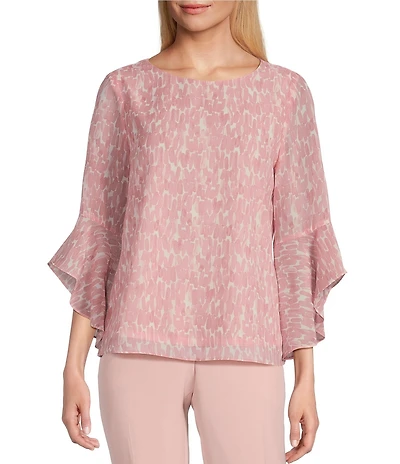 Kasper Crew Neck 3/4 Ruffle Sleeve Blouse