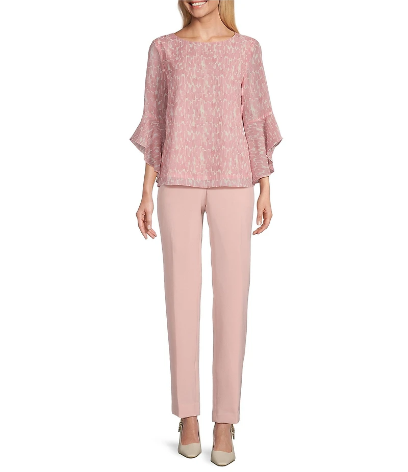 Kasper Crew Neck 3/4 Ruffle Sleeve Blouse
