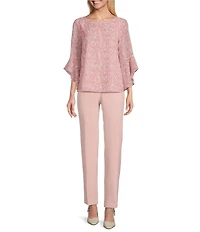 Kasper Crew Neck 3/4 Ruffle Sleeve Blouse
