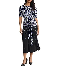 Kasper Crew Neck Floral Print Jersey Elbow Sleeve Midi Dress