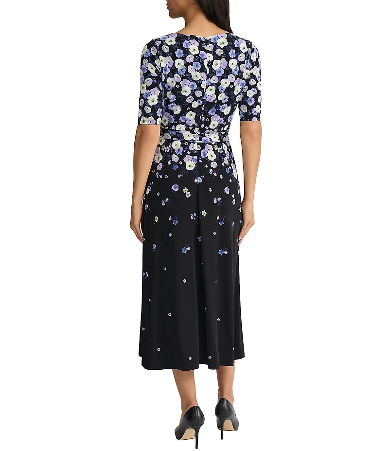 Kasper Crew Neck Floral Print Jersey Elbow Sleeve Midi Dress