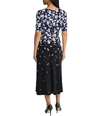 Kasper Crew Neck Floral Print Jersey Elbow Sleeve Midi Dress