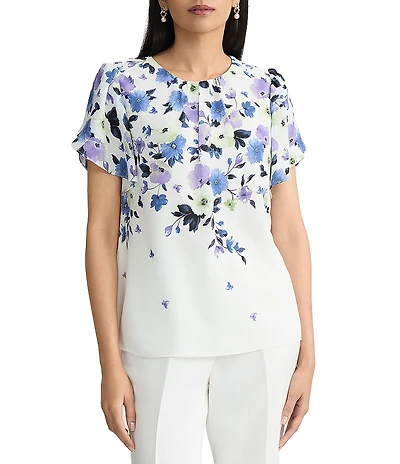 Kasper Crew Neck Tulip Short Sleeves Floral Print Top
