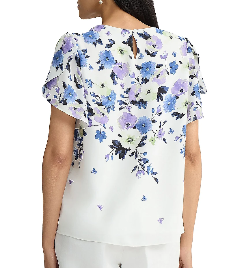 Kasper Crew Neck Tulip Short Sleeves Floral Print Top